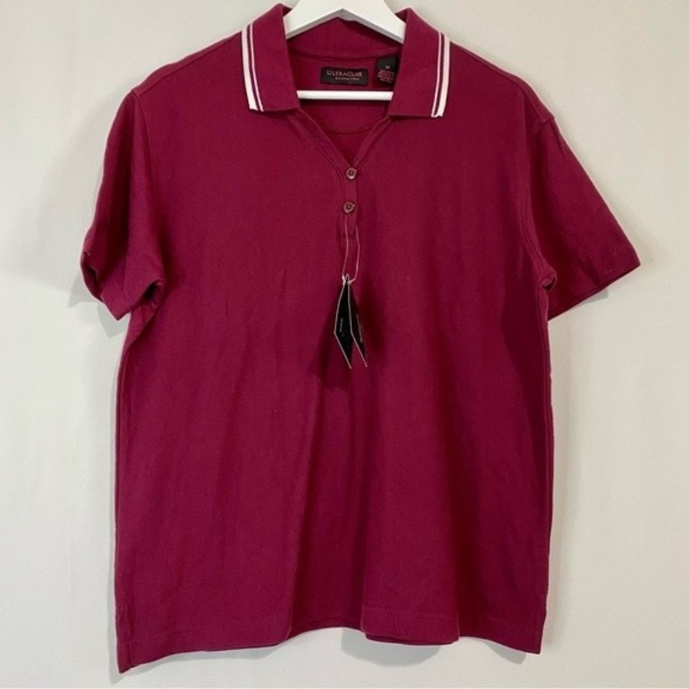 Ultra Club Women’s Whisper Pique Button Short Sleeve Polo Maroon & White NWT